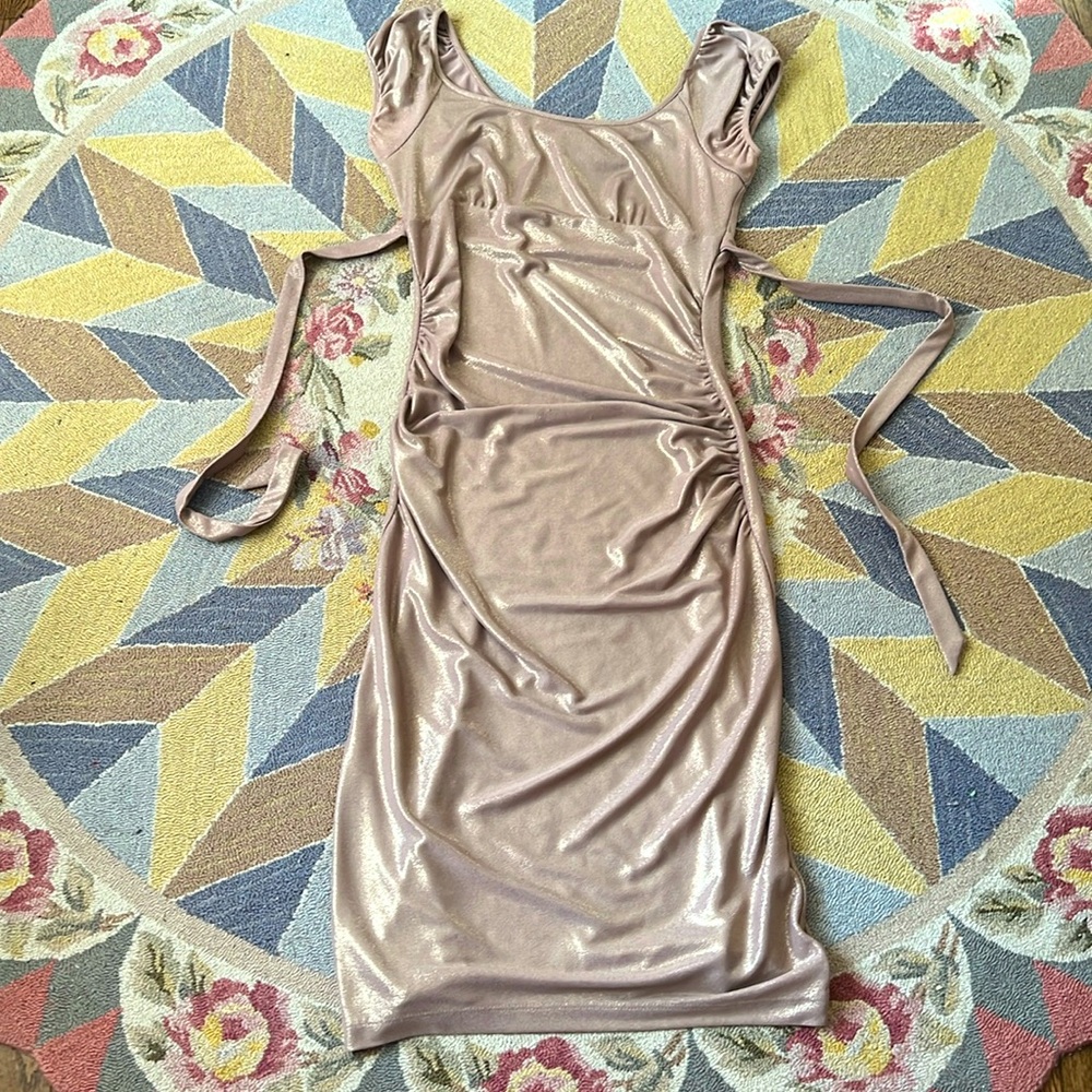 ✨ VINTAGE BETSEY JOHNSON GOLD METALLIC MILKMAID BODYCON M 4 6 8 Y2K FAIRYCORE